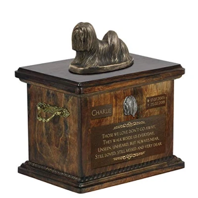 Afbeelding van Lhasa Apso urn hond met standbeeld gepersonaliseerde voor hondenas