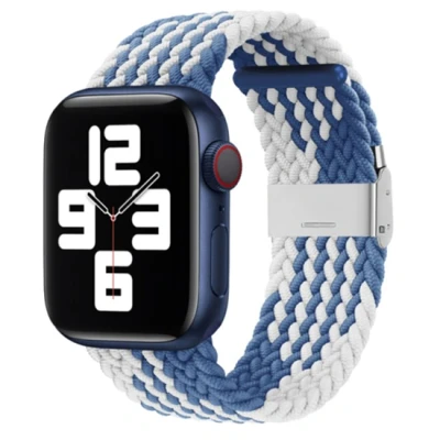 Afbeelding van Apple Watch Braided nylon bandje Blauw met wit Geschikt voor 42mm / 44mm 45mm 49mm
