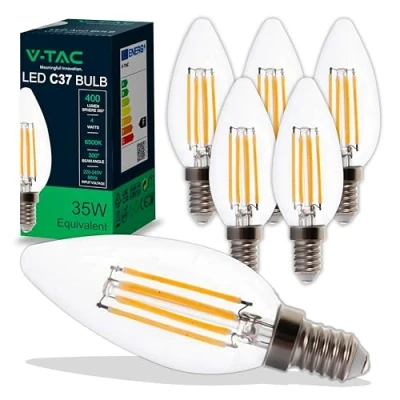 Afbeelding van V TAC 6 x led gloeilampen, E14 4 W (komt overeen met 35 W), 400 lumen, 6400 K, koudwit, opening van de lichtstraal 180 graden, lamp maximale efficiëntie en energiebesparing