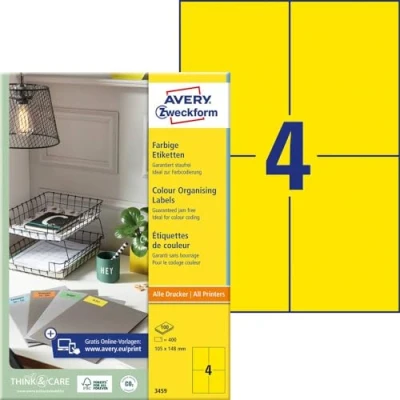 Afbeelding van Avery Gekleurde Universele Etiketten Ft 105 X 148 Mm (b H), 400 Stuks, Geel Etiket
