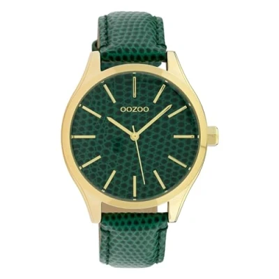 Afbeelding van OOZOO Timepieces Goudkleurige horloge met donker groene leren band C10432