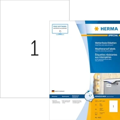 Afbeelding van HERMA 4602 Inkjet etiketten weerbestendig A4 210,0 x 297,0 mm wit permanent hechtend 40vel