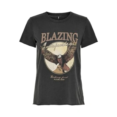 Afbeelding van ONLY ONLLUCY T shirt met print voor dames, korte mouwen, basic ronde hals, bedrukt zwart/print: blazing