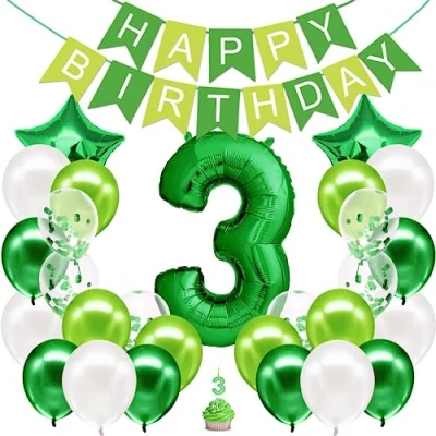 Afbeelding van verjaardagsdecoratie jongen groen cijfer 3e verjaardag gelukkige slinger opblaasbare ballon 3 ballonnen kind versiering