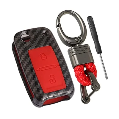 Afbeelding van Happyit ABS koolstofvezel hoes + siliconen autosleutel geschikt voor VW Volkswagen Amarok Polo Golf 4 5 6 MK4 Bora Jetta 2 toetsen (rood)