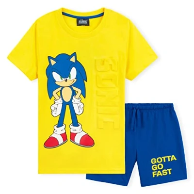 Afbeelding van Sonic The Hedgehog Pyjama voor kinderen, jongens, pyjamaset 3D T shirt en shorts, pyjashort kleding jongeren, 4 14 jaar, officieel katoen, Geel/Blauw