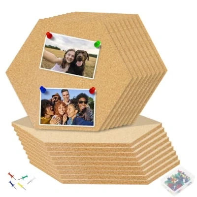Afbeelding van Gucass Set van 18 zeshoekige kurken prikborden Zelfklevende kurkplaat Met 80 kleurrijke pinnen Decoratieve kurkbord voor het ophangen foto&#039;s, notities, decoratie