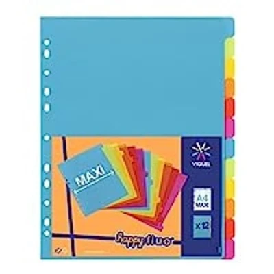 Afbeelding van Viquel Tabbladen van kunststof, maxi formaat (24,5 x 30,5 cm), voor A4 mappen of ordners, neonkleuren, 12 stuks