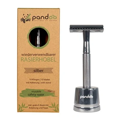 Afbeelding van pandoo Zero Waste veiligheidsscheerapparaat met metalen standaard, e book en 10 mesjes, voor dames heren, gesloten kam, zilver