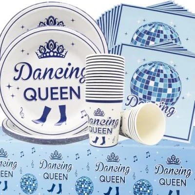 Afbeelding van Doyomtoy Dancing Queen feestservies, 61 stuks decoraties voor dansfeest, papieren bekers, servetten, tafelkleden meisjes, verjaardagsservies