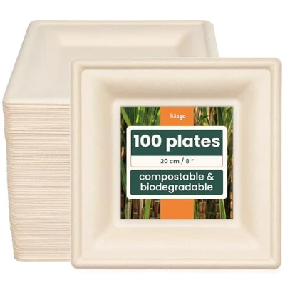 Afbeelding van Haago 100 Biologisch Afbreekbare Vierkante Borden Set van Suikerriet, 20x20cm Milieuvriendelijk en Composteerbaar