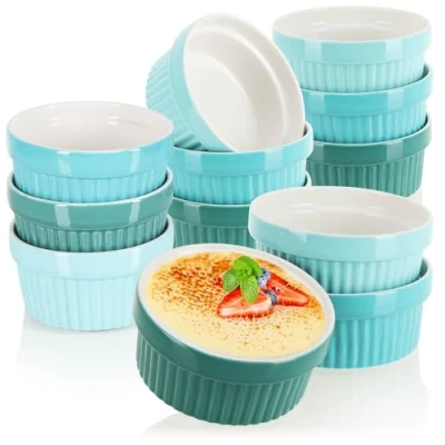 Afbeelding van COM FOUR® 12 x soufflé vormen keramische schalen crème brûlée ovenvaste dessertkom en taartvormen voor stoofvin elk 270 ml tinten groen