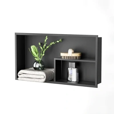 Afbeelding van Bernkot Douchecabine roestvrij staal 60 x 30 10 cm geen tegels nodig dubbele wandplanken inbouw doucherek voor badkameropslag, zwart, stijl 1