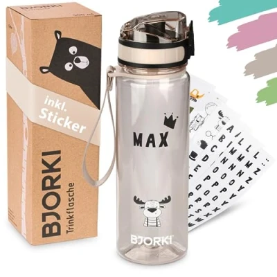 Afbeelding van BJORKI® Lekvrije drinkfles voor kinderen, 500 ml, met naamplaatje, ideaal school, kleuterschool en sport, geschikt koolzuurhoudende dranken, robuust actieve kinderen