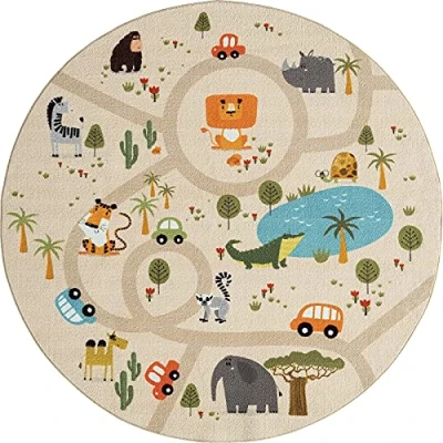 Afbeelding van Vloerkleed kinderkamer Beige 160x160 cm Afwasbaar Antislip Tapijt voor jongens en meisjes met een straat jungledieren Happy Life by the carpet