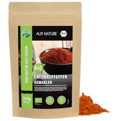 Afbeelding van biologische cayennepeper (250 g), cayennepeper, gemalen poeder van gecontroleerde teelt, 100% natuurlijke zonder toevoegingen