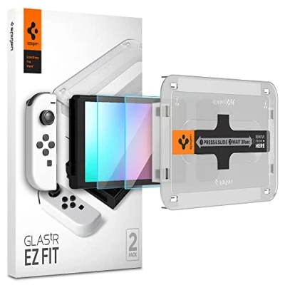 Afbeelding van Spigen Screenprotector geschikt voor Nintendo Switch Oled Gehard glas met montage frame Transparant 2 stuks