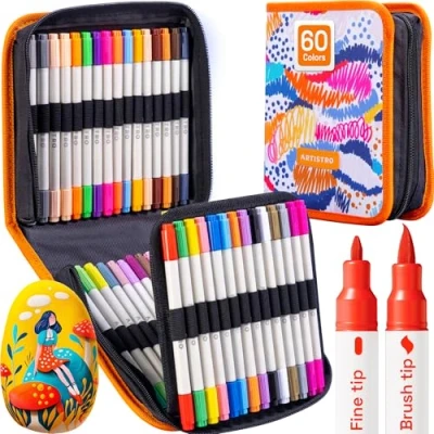 Afbeelding van ARTISTRO Acrylverfstiften, kunstset, acrylstiften met dubbele punt, voor stof, canvas, steen, glas, hout, papier, doe het zelf (dubbele punt + fijn, 60)