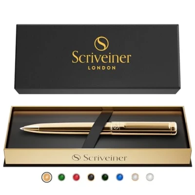 Afbeelding van Scriveiner Balpen, 24 karaat gouden afwerking, navulbaar en intrekbaar, mooi cadeau voor dames heren, met doos, professionele kantooraccessoires