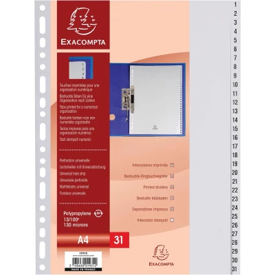 Afbeelding van Exacompta Tabbladen Numeriek Voor Ft A4, Uit Pp, 31 Tabs, Grijs