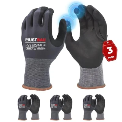 Afbeelding van Mustbau 3 paar werkhandschoenen met touchscreen, slijtvaste nitril handschoenen, uitstekende grip, geschikt voor tuinieren, mechanica, bouwplaats (grijs, S)