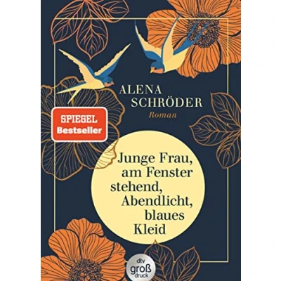 Afbeelding van Junge Frau, am Fenster stehend, Abendlicht, blaues Kleid: Roman »Eine berührende JahrhundertgeschichteÂ« BRIGITTE in großer Schrift