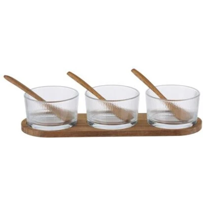 Afbeelding van Serveer/borrel plank set schaaltjes/kommetjes 7 delig glas/hout met lepeltjes borrelen