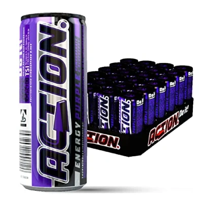 Afbeelding van Action Energy Drink Purple 24 x 500 ml Set van blikjes energiedrank Granaatappel en bosbessengeur cafeïne Palette