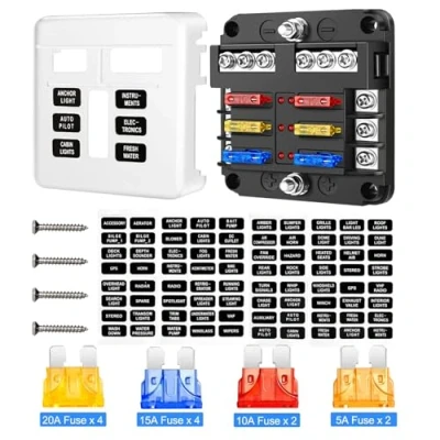 Afbeelding van 6 weg platte zekeringhouder, 12 V, waterdichte zekeringkast met 30 zekeringen en led indicator voor auto, boot, bestelwagen, SUV, vrachtwagen