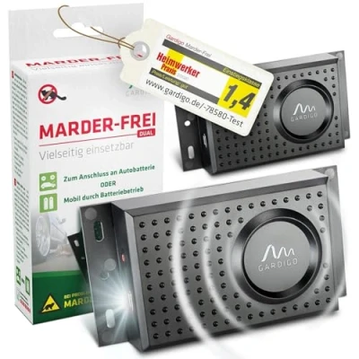 Afbeelding van GARDIGO® 2 stuks marterafweermiddel, ultrasone marterbescherming en knipperlicht; anti weeshond voor auto op batterijen of aansluiting de accu; auto&#039;s, huis, garage.