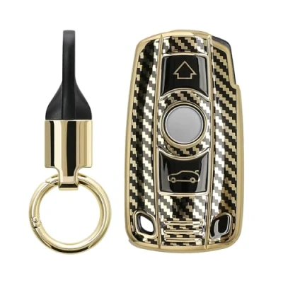 Afbeelding van kwmobile autosleutel hoesje met sleutelring geschikt voor BMW 3 knops draadloze (alleen Keyless Go) Sleutel case sleutelhanger Metallic Carbon design in goud / zwart