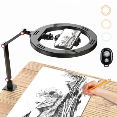 Afbeelding van APEXEL 10 inch ringlicht met statief en telefoonhouder, USB voor bureau verstelbare bureauarmhouder fotografie, live streaming, YouTube, TikTok