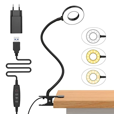 Afbeelding van iZELL 10 W bureaulamp met klem USB adapter [3 verlichtingsmodi en helderheidsniveaus] 360 graden flexibel, clip on leeslamp, 40 cm, led voor thuis/kantoor