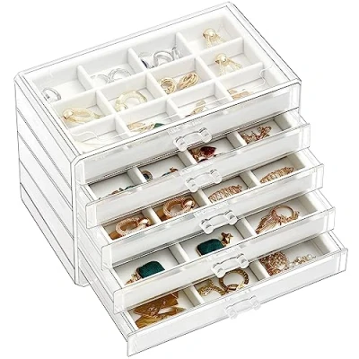 Afbeelding van ProCase Opbergdoos van acryl voor oorbellen met 5 laden, stapelbare sieradenstandaard, transparante oorbelhouder verstelbare dienbladen dames op commode, wit