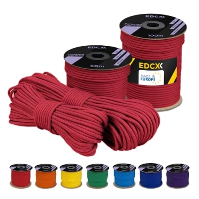 Afbeelding van EdcX polyester Paracord 550 4 mm (15, 30 en 50 m) type III scheurvast parachutetouw 100% met 7 draden effen kleuren (rood, 15