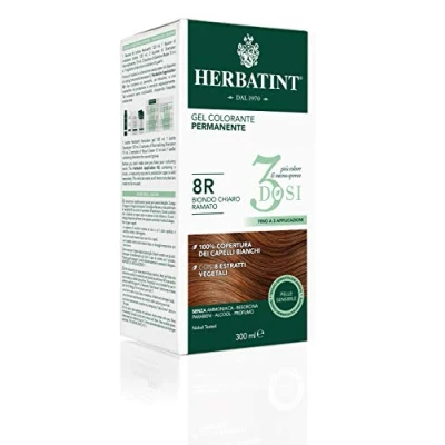 Image de Herbatint Gel Colorant Permanent 3Dosi, 300 ml 8R Blond Clair Cuivré Sans Ammoniaque pour Peaux Sensibles, 100% Couverture Cheveux Blancs avec 8 Extraits Naturels Bio
