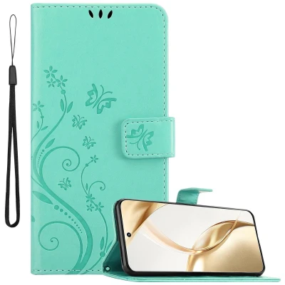 Afbeelding van Cadorabo Hoesje geschikt voor Honor 200 in BLOEMEN TURKOOIS Beschermhoes bloemmotief met magnetische sluiting, standfunctie en kaartsleuven Book Case Cover Etui