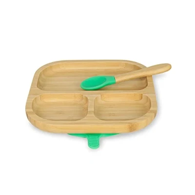 Afbeelding van Bamboebordenset, vierkant, zuignapborden met lepel, FSC gecertificeerd, shady bamboe houten komset voor peuters, kinderplank en snackschaal, babybamboeservies, rechts hoekig, groen