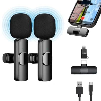 Afbeelding van ICOVERI 2 stuks draadloze microfoons, compatibel met iPhone, Android, tablet, plug &amp; play, draagbaar, voor video opname, YouTube, Twitch, TikTok, Vlog, Podcast, Live