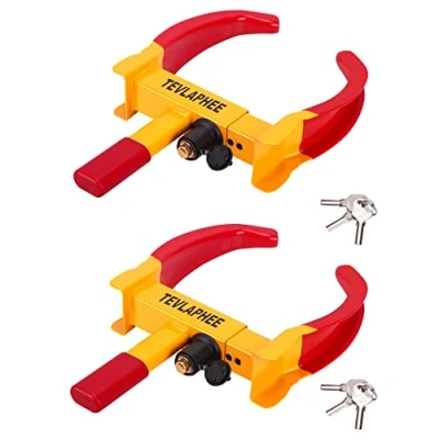 Afbeelding van Tevlaphee Set van 2 wielsloten voor auto, aanhanger, caravan, versterkt, universeel, verstelbaar, PVP bescherming, boorslot, 6 dezelfde sleutels (rood en geel, verpakkingen)