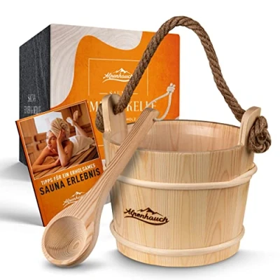 Afbeelding van ALPENHAUCH sauna emmer met opscheplepel [100% natuurlijk hout] Edele comfortabel hennep draagtouw Duurzame accessoires Opgiet emmerset incl. praktisch boekje Wellness