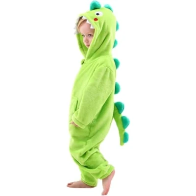 Afbeelding van Dinosauruskostuum voor kinderen, dierenoverall van flanel met capuchon, jongens en meisjes, groen, 6 7 jaar, etiket L