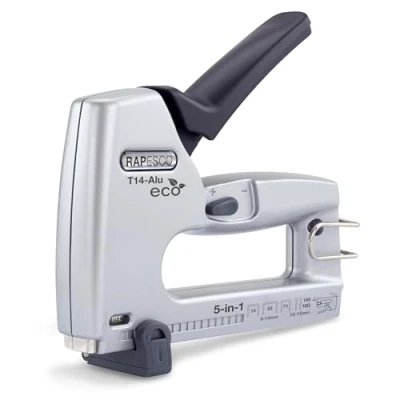 Afbeelding van Rapesco 1766 Eco T14 ALU 5 in 1 nietmachine/nagelmachine, gebruikt nietjes type 13, 53 en 71, nagels 18G 180 zonder kop, grijs