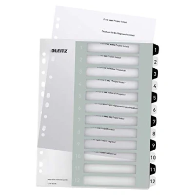 Afbeelding van Leitz Wow Printbare Index, 12 Tabs, Zwart wit Tabbladen