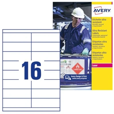 Afbeelding van Avery B5274 50 (52,5 x 74,3 mm) extra sterke lijm, GHS industriële en waterdichte etiketten, 16 etiketten per A4 vel