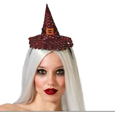 Afbeelding van Halloween heksenhoed mini hoedje op diadeem one size zwart/donkerrood meisjes/dames