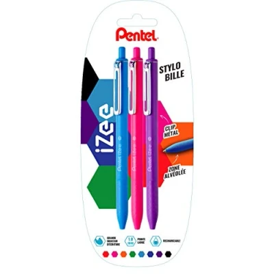 Afbeelding van Pentel iZee balpen met metalen clip, 3 stuks, hemelsblauw, roze, paars, 487303