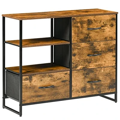 Afbeelding van HOMCOM Opbergkast, commode, dressoir, industriële stijl, 4 laden, opvouwbaar, 2 planken, staal en hout, 84 x 30 71,5 cm
