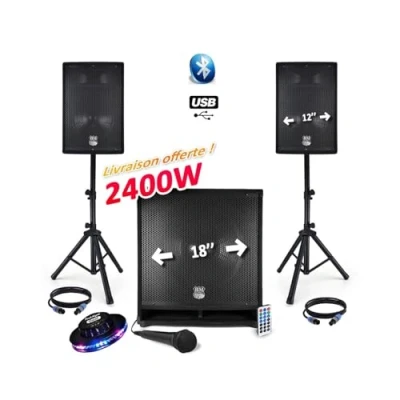 Afbeelding van Complete geluidsset BM Bmsonic 2400 W USB/BT MKII 2 luidsprekers 12 inch + actieve subwoofer 18 mobiele animatie bruiloft