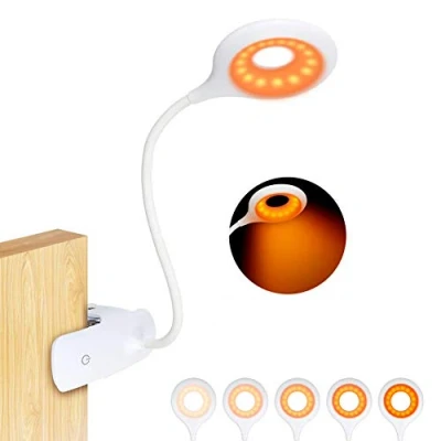 Afbeelding van leeslamp om vast te klikken voor hoofdeinde, oplaadbare met 16 leds, barnsteenkleurig, 5 helderheden, bureaulamp klem, touch controle, dimbare flexibele hals, nachtlampje